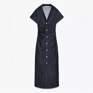Zara Dark Denim Midi Dress with Button Front